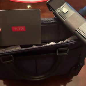 TUMI Navy bag with Black Leather Accents and Shoulder Strap Slim Laptop Bag 💼 🆕